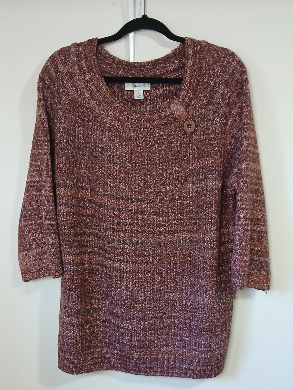 CJ Banks Marled Rose-Brown Scoop-Neck Sweater with Button